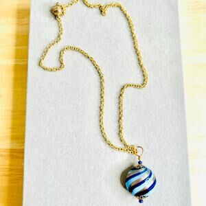 Stunning Fused Glass Swirl Light Blue Dark Blue Gold Tone Pendant Necklace